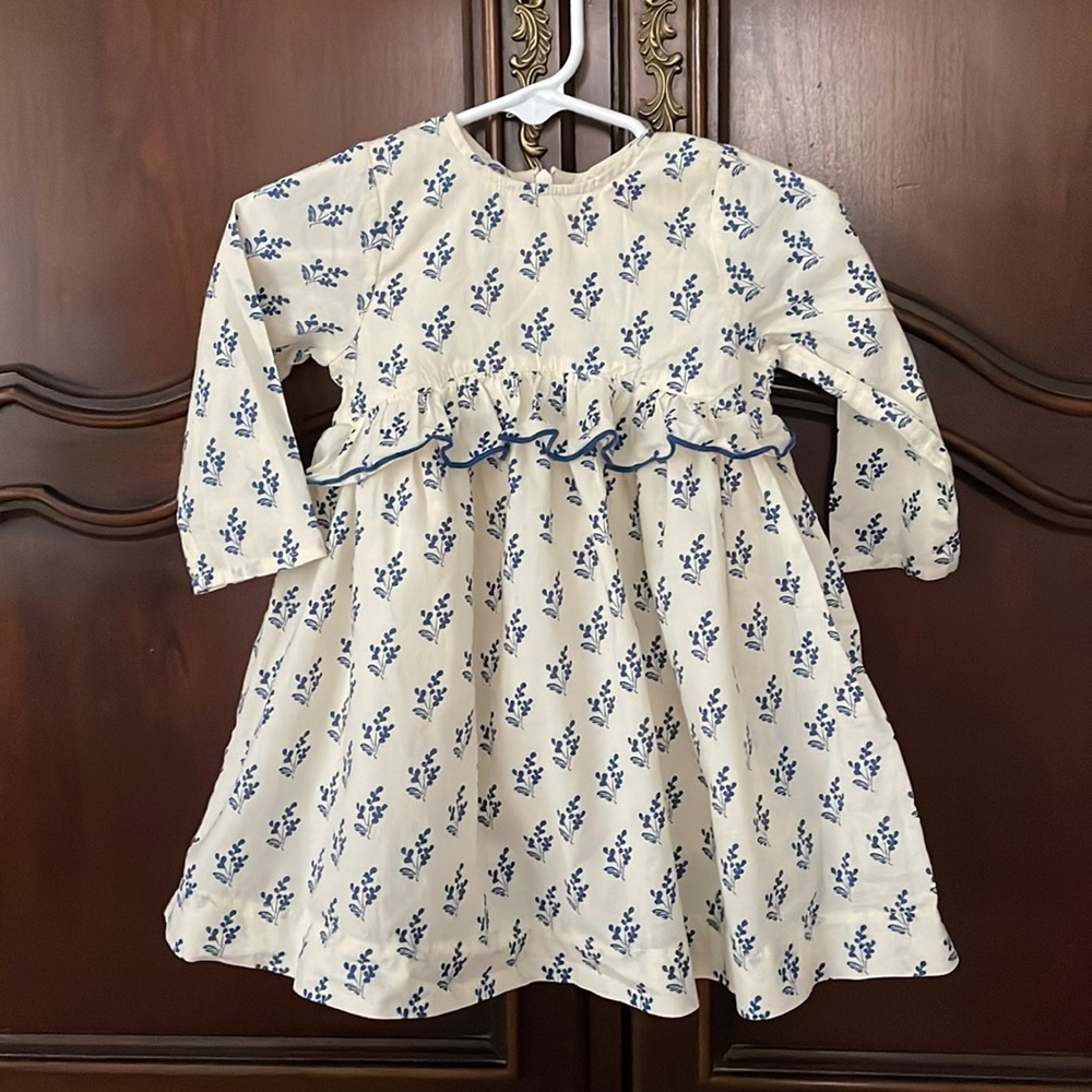 Pink Chicken Cream Dress with Blue Floral Print and Ruffle Waist
